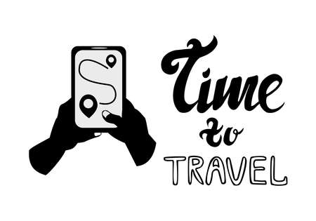 Silhouette of hands with phone and lettering phrase time to travel isolated on white background Simple illustrationのイラスト素材