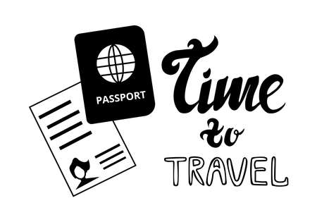 Silhouette of passport and documents and lettering phrase time to travel isolated on white background Simple illustrationのイラスト素材