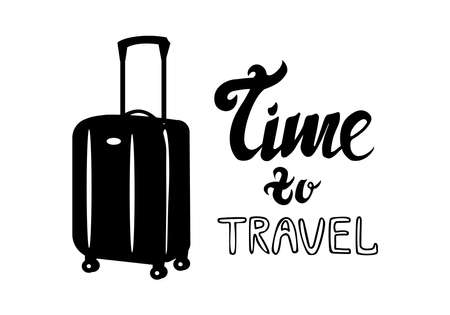 Silhouette of suitecase and lettering phrase time to travel isolated on white background Simple illustrationのイラスト素材
