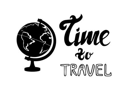 Silhouette of globus and lettering phrase time to travel isolated on white background Simple illustrationのイラスト素材