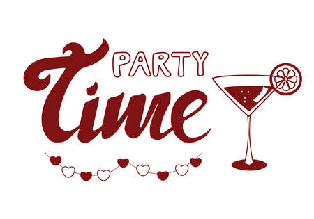 Alcoholic cocktail cosmopolitan and lettering phrase party time isolated on white background Simple vector illustrationのイラスト素材