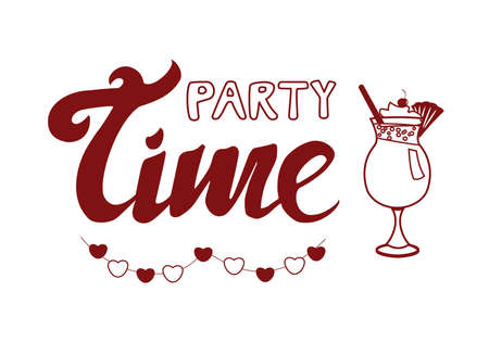 Alcoholic cocktail Pina colada and lettering phrase party time isolated on white background Simple vector illustrationのイラスト素材