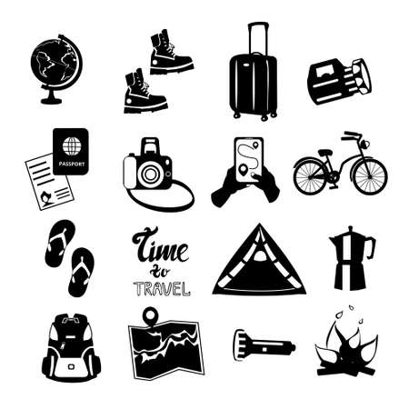Set of travel items isolated on white background Map, navigator, flip flops, sneakers, bicycle, documents, suitcase, globus, camera, tent, flashlight, sneakers Simple vector illustrationのイラスト素材