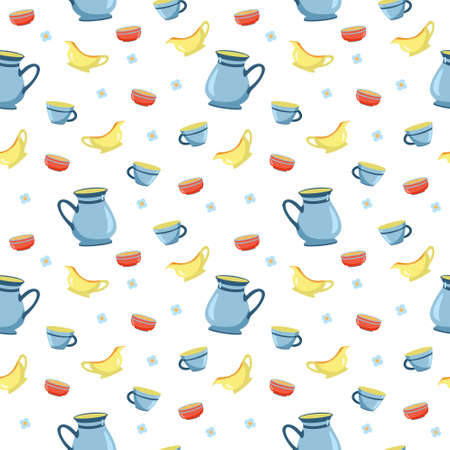 Seamless pattern with, Yellow gravy boat, Red bowl, Blue pitcher in cartoon modern style. Ceramic kitchenware Print for design tablecloth, clothes, pillows.のイラスト素材