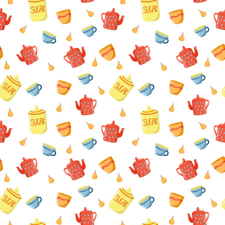 Seamless pattern with Yellow sugar bowl, Red teapot with polka dots, Blue cup in cartoon modern style. Ceramic kitchenware Print for design tablecloth, clothes, pillows.のイラスト素材