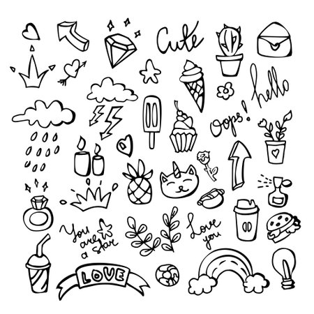 Set of cute doodle from young girl lifeのイラスト素材