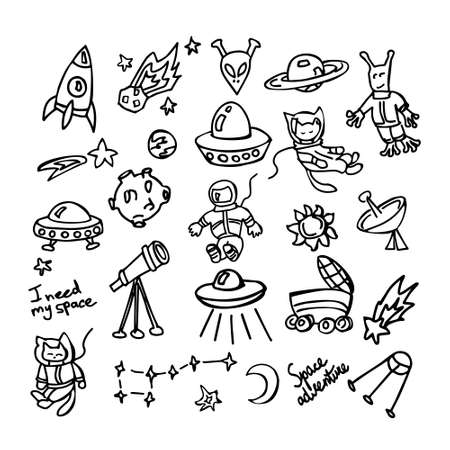 Doodle space elements. Ufo, planets and cosmonauts Vector illustration with hand drawn iconsのイラスト素材