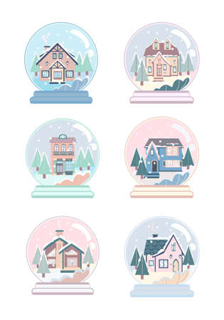 House and chrictmas tree in snow globe. Set of vector cartoon illustrationのイラスト素材