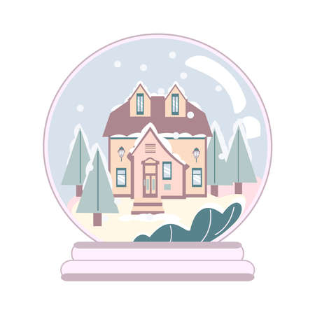 Modern Cottage and chrictmas tree in snow globe.のイラスト素材