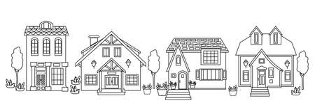 Street of small town. Four cottages Lineart concept vector illustrationのイラスト素材