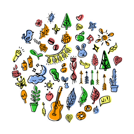 Set of cute romantic color vector doodle Hand draw icons for decorationのイラスト素材