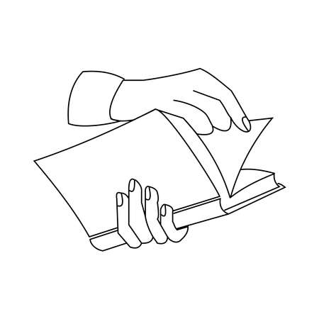 Hand flips through pages in a book Outline illustrationのイラスト素材