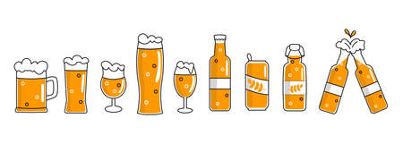 Craft Beer glass, bottle and can types. Minimal flat vector illustration of different type of beers.のイラスト素材