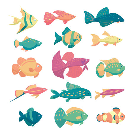 Aquarium fish collection isolated on white background. Cute cartoon vector illustration setのイラスト素材