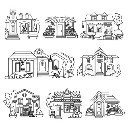 Store facade set: wine store, boutique, bakery, toys, book shop, pharmasy, farm market, flowers. Hand drawn vector illustration on white background for coloring book.のイラスト素材