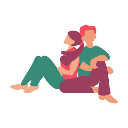 Young couple sitting with back to each other St Valentine card Flat vector illustrationのイラスト素材