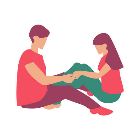 Young couple sitting and holding hands St Valentine card Flat vector illustrationのイラスト素材