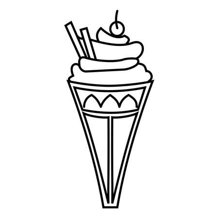 Vanila Ice cream with cherry icon. Outline vector illustrationのイラスト素材