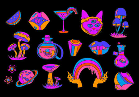 Psychedelic retro surreal elements sticker. Cat character, planets, ufo, mouth, lips, hands with rainbow, poision and mushrooms. Cartoon vector setのイラスト素材