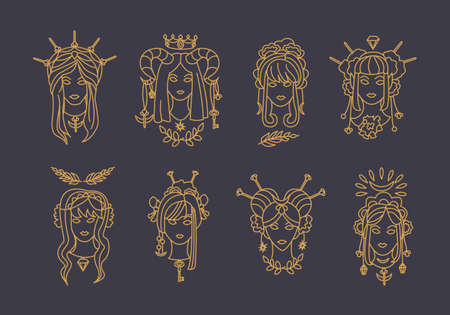 Magic woman boho style portraits set. Mysterious and witchcraft line art design elements. Fantasy vector illustrations for greeting card, logo or poster.のイラスト素材