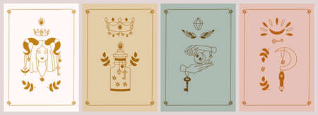Set of esoteric mystical fantasy posters. Girl with horns, poision, crown, hands, moon, druid sickle. Minimal geometric boho style. Vector outline illustration.のイラスト素材