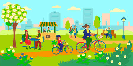 Spring cityscape. Coffee kiosk on background Young couple walk in spring park and drink coffee Senior couple and their dog sitting on bench Woman with daughter riding a bakes with a kite.のイラスト素材