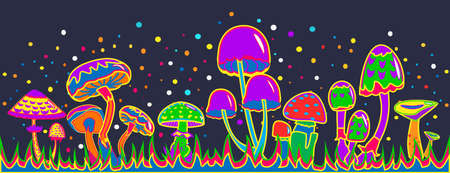 Group of decorative fantasy magic mushrooms on black background Concept vector illustrationのイラスト素材