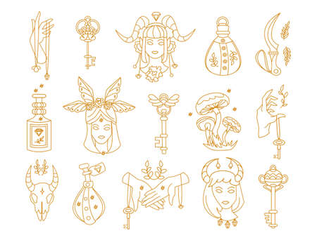 Mystic astrology icons. Hand drawn magic boho signs, esoteric cult fairy design. Vector zodiac symbol setのイラスト素材