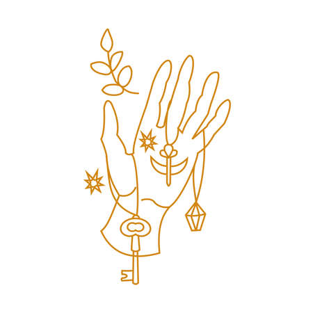 Hand holding magical amulets Outline fantasy illustrationのイラスト素材