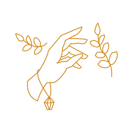 Hand touching branch Outline fantasy illustrationのイラスト素材