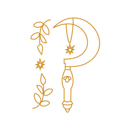Druid sickle and branch Outline fantasy illustrationのイラスト素材