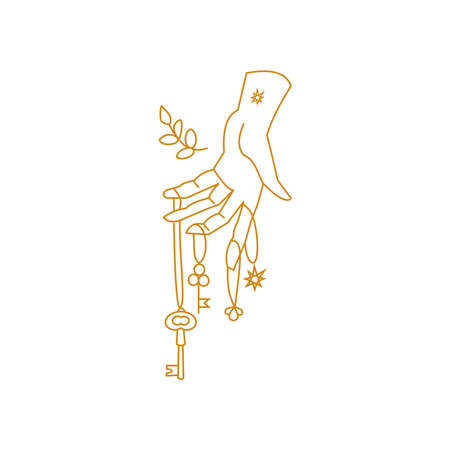 Hand holding magical amulets and key Outline fantasy illustrationのイラスト素材