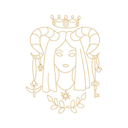Girl with horns and crown Outline fantasy portraitのイラスト素材