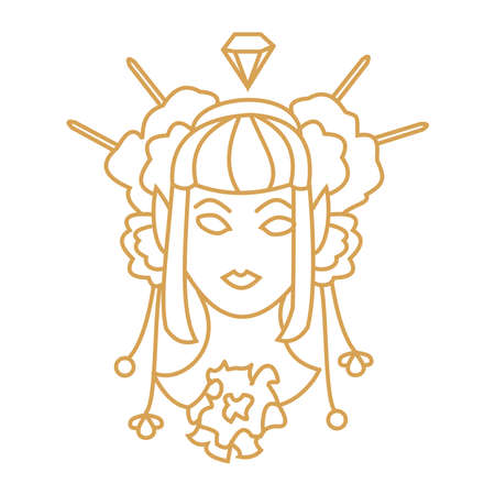 Asian Girl with magic amulets, flower Outline fantasy portraiteのイラスト素材