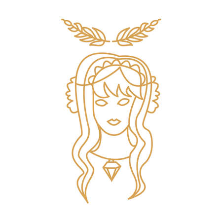 Girl with magic diamond and branch Outline fantasy portraitのイラスト素材