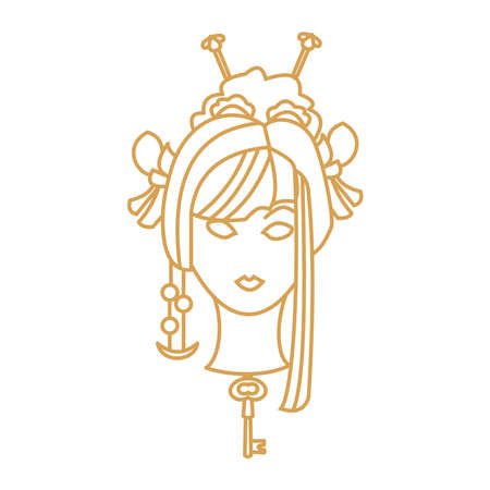 Asian Girl with magic amulets Outline fantasy portraitのイラスト素材