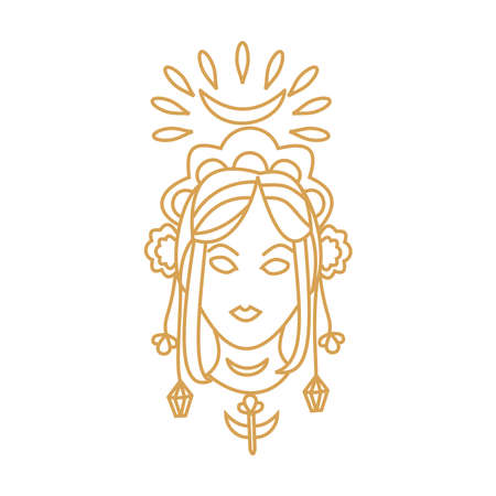 Girl with magical amulets and moon Outline fantasy portraitのイラスト素材