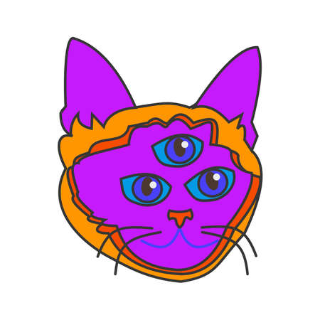 Three eyes cat character Psychedelic element Flat vector illustration on white backgroundのイラスト素材