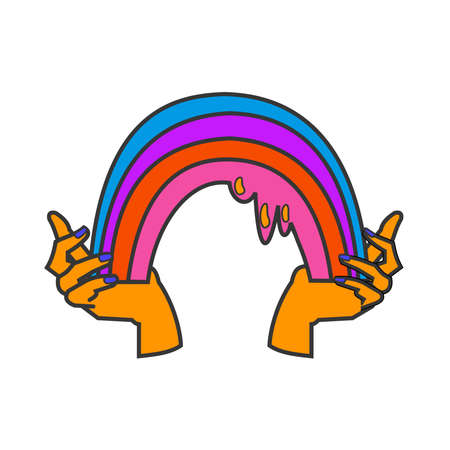 Hands with rainbow Psychedelic element Flat vector illustration on white backgroundのイラスト素材