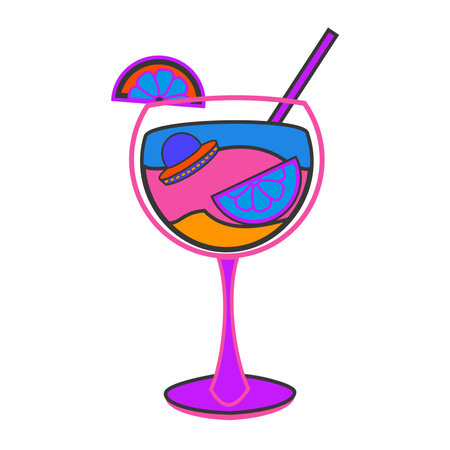 Coctail with UFO Psychedelic sticker element Flat vector illustration on white backgroundのイラスト素材