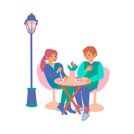 Youg couple sitting at cafe or restaurant tables talking to each other, drinking coctails. Flat vector illustration on white backgroundのイラスト素材