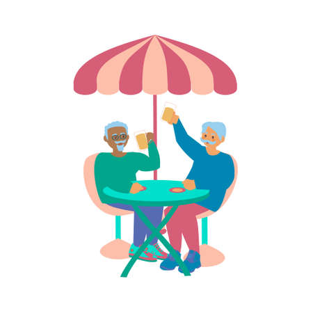 Two old men sitting at street cafe or restaurant tables talking to each other, drinking beer with friend. Flash vector illustration on white backgroundのイラスト素材