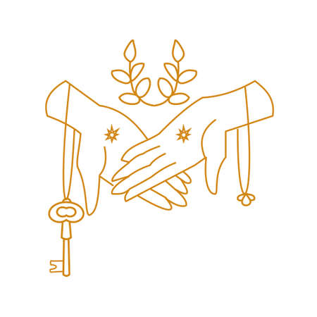 Two hands hold key and branches Outline vector illustrationのイラスト素材