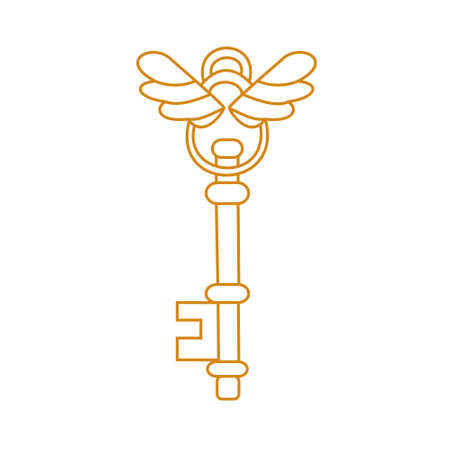 Golden key with wings Outline vector illustrationのイラスト素材
