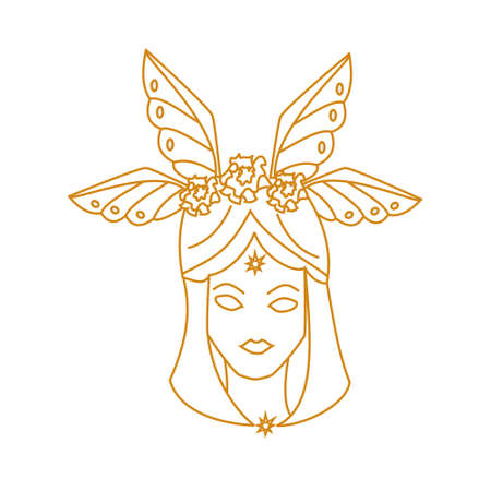 Girl with flowers and wings Outline portraitのイラスト素材