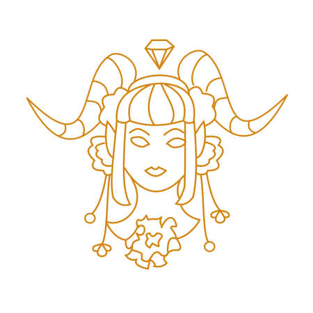 Girl with horns and flowers Outline portrait vector illustrationのイラスト素材