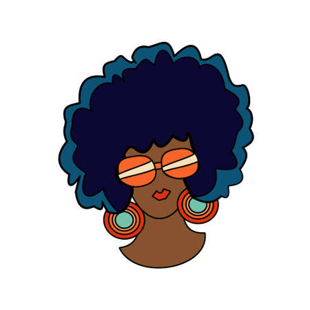 1970 sticker African-american girl portrait. Vector illustration on white backgroundのイラスト素材
