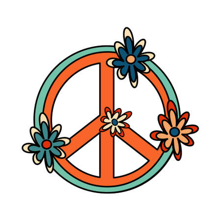 1970 sticker Peace sign with flowers Vector illustration on white backgroundのイラスト素材
