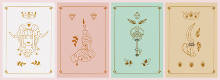 Set of mystical posters with inspirational quotes about energy and magic. Girl with horns, poison, key, crown, hands, moon, druid sickle, diamond. Minimal trendy boho style. Outline illustration.のイラスト素材