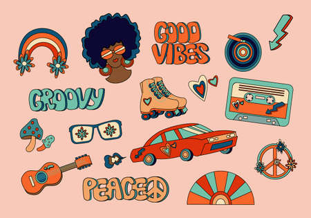 1970 stickers. Set of groovy vector elements, cute funky hippy icons. Cartoon daisy rainbow with flowers, car, mushrooms, audio cassette, peace sign, heart, roller skater.のイラスト素材